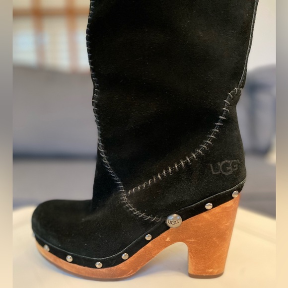SOLD - UGG Lillian Tall Black Suede Shearling Kneehigh Studded Clogs Size 6 - Picture 2 of 10